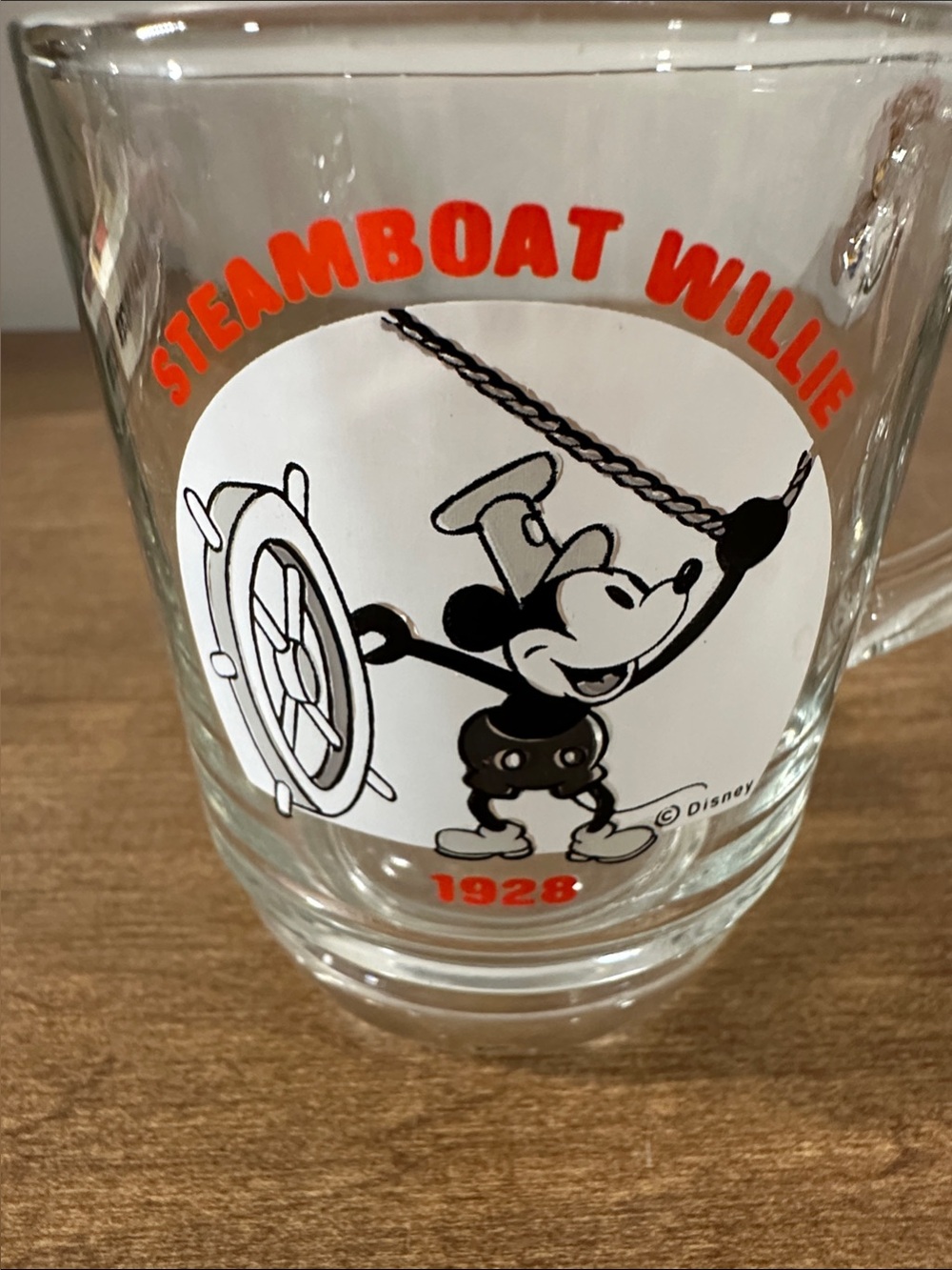Vintage 1980 Disney Steamboat Willie Glass Mug with Red Lettering